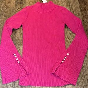 Ann Taylor Hot Pink Berry Magenta Ribbed Mock Neck Sweater Pearl Bell Sleeves
